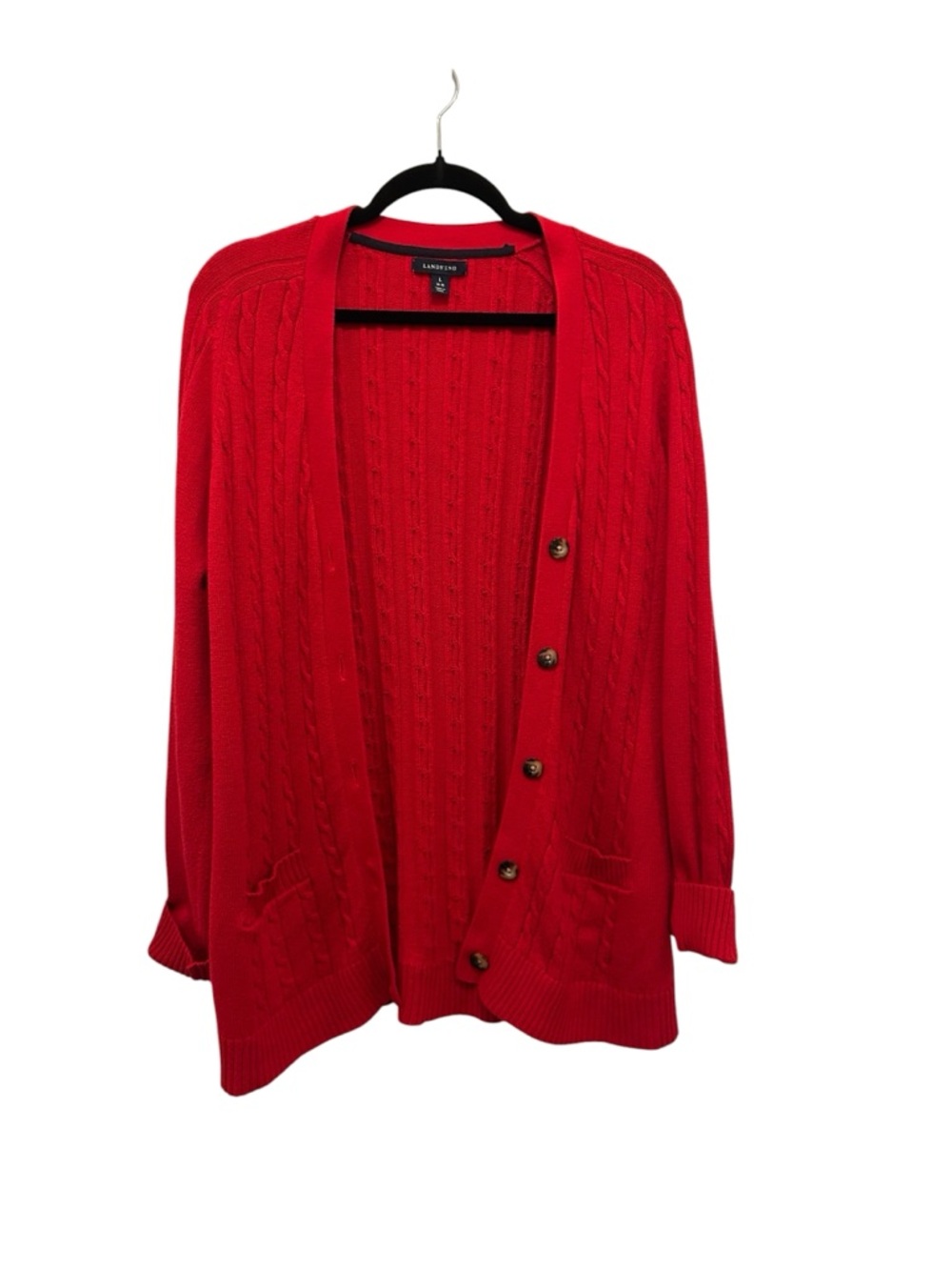 Lands' End Red Cable Knit Cardigan Preppy Sweater Size L 14-16 Capsule Wardrobe